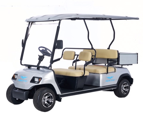 White passenger cart with a canopy and cream seats