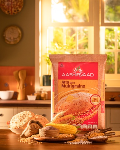 Multigrain flour packaging with wheat, corn and baked goods