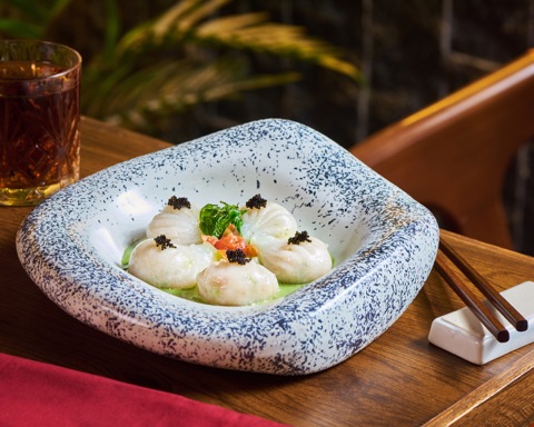 Dumplings arranged with sauce in a blue-speckled bowl