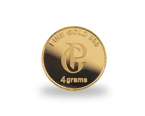 Round gold-coloured coin marked four grams