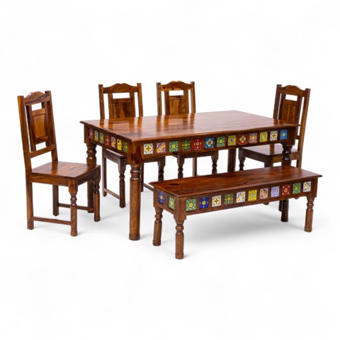 Wooden dining table with chairs and a bench