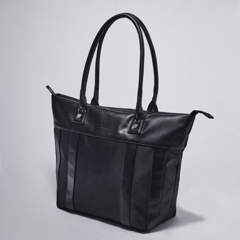 Black tote bag with long handles against white