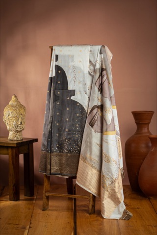 Printed textile draped over a wooden chair
