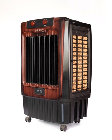 Brown and black portable air cooler against a white background