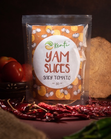 Yam-chip packet with tomatoes and red chillies