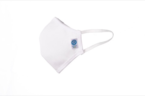White fabric face mask with a small blue emblem